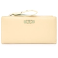 Detailed macro view of cream litchi texture leather wallet with double green heart buckle - Yellow