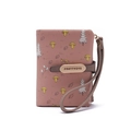 Detail of pink PU leather wallet featuring forest prints and gold clasp with wristlet - Dust Rose