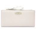 Detail of light beige litchi grain leather wallet with green heart buckle and wristlet - Beige Grey