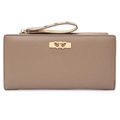 Macro detail of taupe lychee leather texture and golden heart clasp on long wallet - Brown