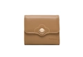 Detail of flower quilted brown tri-fold wallet with gold floral button and brand logo - Brown