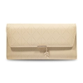 Detail of leaf pendant and stitched logo pattern on beige faux leather long wallet - Apricot Yellow