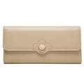 Close-up of beige PU leather wallet featuring floral metal clasp and elegant chain detail - Apricot