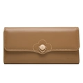 Detailed view of brown PU leather long wallet with floral gold buckle and chain - Brown