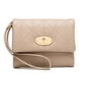 Detailed view of beige lattice quilted leather wallet with gold metal plate and wrist strap - Apricot