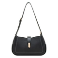 Detalle de bolso media luna negro con costuras blancas y herrajes dorados de lujo - Negro