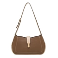 Detail of brown litchi leather underarm bag with beige stitching and heart gold lock - Brown