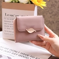Pink PU leather short wallet for women with golden leaf buckle and zipper coin pocket - Dusty Pink