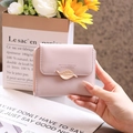 Close-up of pink PU leather wallet with gold leaf buckle and elegant brand lettering - Pink