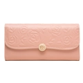 Pink PU leather long wallet with embossed rose patterns and gold floral snap button - Pink