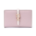 Close-up of pink leather wallet with cream strap and gold butterfly buckle detail - Pink