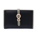 Detail of bifold wallet in black crossgrain leather with green strap and gold logo - Black