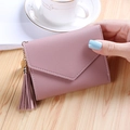 Short lavender faux leather tri-fold wallet for women with tassel heart charm pendant - Light Pink