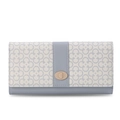 Close-up of cream and blue long wallet with clover pattern and gold rotating metal lock - Sky Blue
