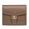 Detail of brown faux leather wallet with gold metal buckle and precision stitching - Brown