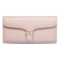 Detail of light pink long wallet with interlocking gold buckle and textured leather finish - Pink