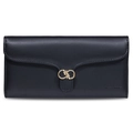 Close-up of black leather long wallet featuring a golden leaf metal buckle and fine texture - Black