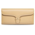 Detail of beige long PU leather wallet with golden clasp and visible stitching - Apricot