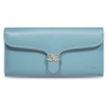 Detail view of long grey-blue faux leather wallet with golden leaf buckle and logo - Green