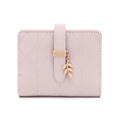Pink quilted PU leather RFID card holder with elegant leaf pendant and secure buckle closure - Pink