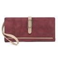 Close-up of wine red frosted long wallet with vintage bronze buckle and wristlet strap - Long / Burgundy
