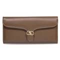 Detail of a brown long wallet showing gold leaf clasp and subtle textured synthetic leather - Brown