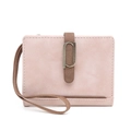 Detail of a dusty rose matte PU leather short wallet with a copper P-clasp and wrist strap - Pink