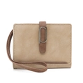 Detail of khaki frosted PU leather short wallet with bronze P-shaped metal hardware - Apricot