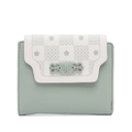 Short mint green and white floral PU wallet for women with elegant flower metal clasp - Green