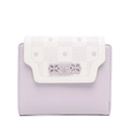 Detailed view of the purple PU leather wallet with floral print and bow metal clasp - Purple