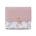 Kurze Damen Geldbörse aus PU-Leder mit rosa-lila Nähten und floralem Printmuster - Rosa