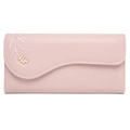 Detail view of pink long wallet featuring scalloped flap edge and gold leaf ornament - Pink