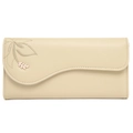 Close-up of yellow leather wallet featuring wavy flap, leaf embroidery and metal pendant - Yellow