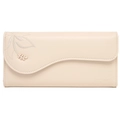 Detail view of wavy flap closure with leaf embroidery and gold charm on cream long wallet - Beige Apricot