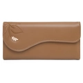 Close-up of the khaki leather wallet showing embroidered leaf and golden metal charm - Brown
