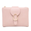 Close-up of light pink PU leather purse with gold oval ring buckle and logo detail - Pink