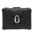 Close-up of black litchi pattern PU leather texture and gold oval buckle on the wallet - Black