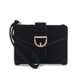 Close-up of black matte women's wallet with golden D-ring buckle and wrist strap - Black