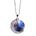 Detailed view of rotating moon pendant with blue dragon motif on silver O-chain - Purple Starry Dragon Style (JY008835-2)