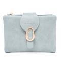 Detail shot of blue leather wallet with gold buckle and Prettyzys brand logo - Light Blue