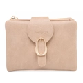 Close-up of beige PU leather short wallet featuring a signature gold oval metal buckle - Apricot