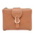 Detailed view of brown lychee-patterned short wallet with gold buckle and zip - Brown