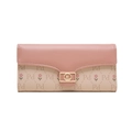 Close-up of pink and beige tri-fold wallet with bee buckle and floral pattern - Pink