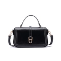 Minimalist black glossy leather crossbody bag with top handle and gold horseshoe buckle - Black