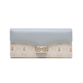 Detail of blue and beige tri-fold PU leather wallet with printed floral pattern and metal buckle - Sky Blue