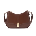 Detailed view of the dark brown PU leather crossbody bag with brushed gold metal buckle - Brown