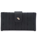 Long black PU leather tri-fold wallet for women with leaf buckle and stripe stitching - Black