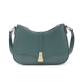 Close-up of a dark green PU leather crossbody bag featuring a golden metal buckle and stitching - Green