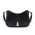 Close-up of black PU leather shoulder bag with gold hardware and trapezoidal metal buckle - Black