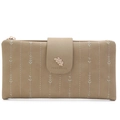 Detail of khaki PU leather wallet featuring leaf embroidery and golden metal clasp - Green
